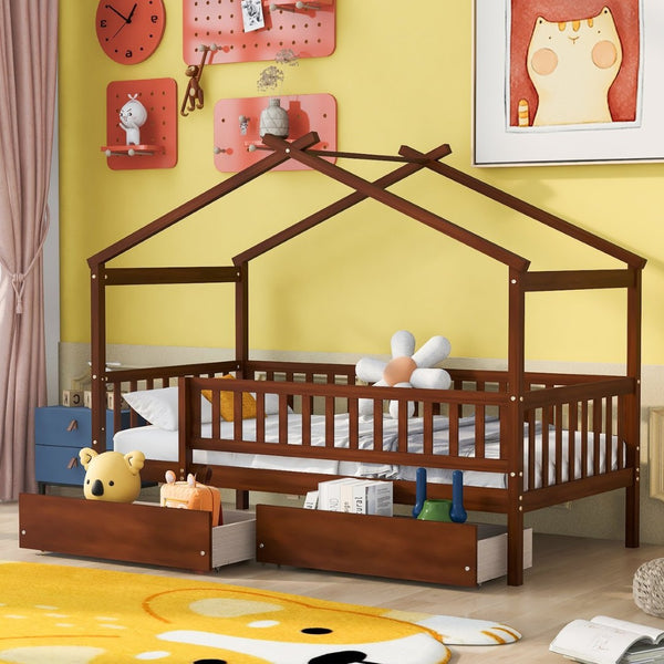 English Elm Twin House Bed Pine Wood Frame with Storage Drawers Kids Bedroom Playful Design Walnut WF302181AAL