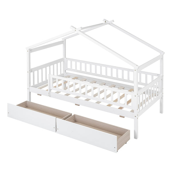 English Elm Twin House Bed Pine Wood Frame with Storage Drawers Kids Bedroom Playful Design WF302181AAK