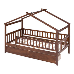English Elm Twin House Bed Pine Wood Frame with Storage Drawers Kids Bedroom Playful Design Walnut WF302181AAL