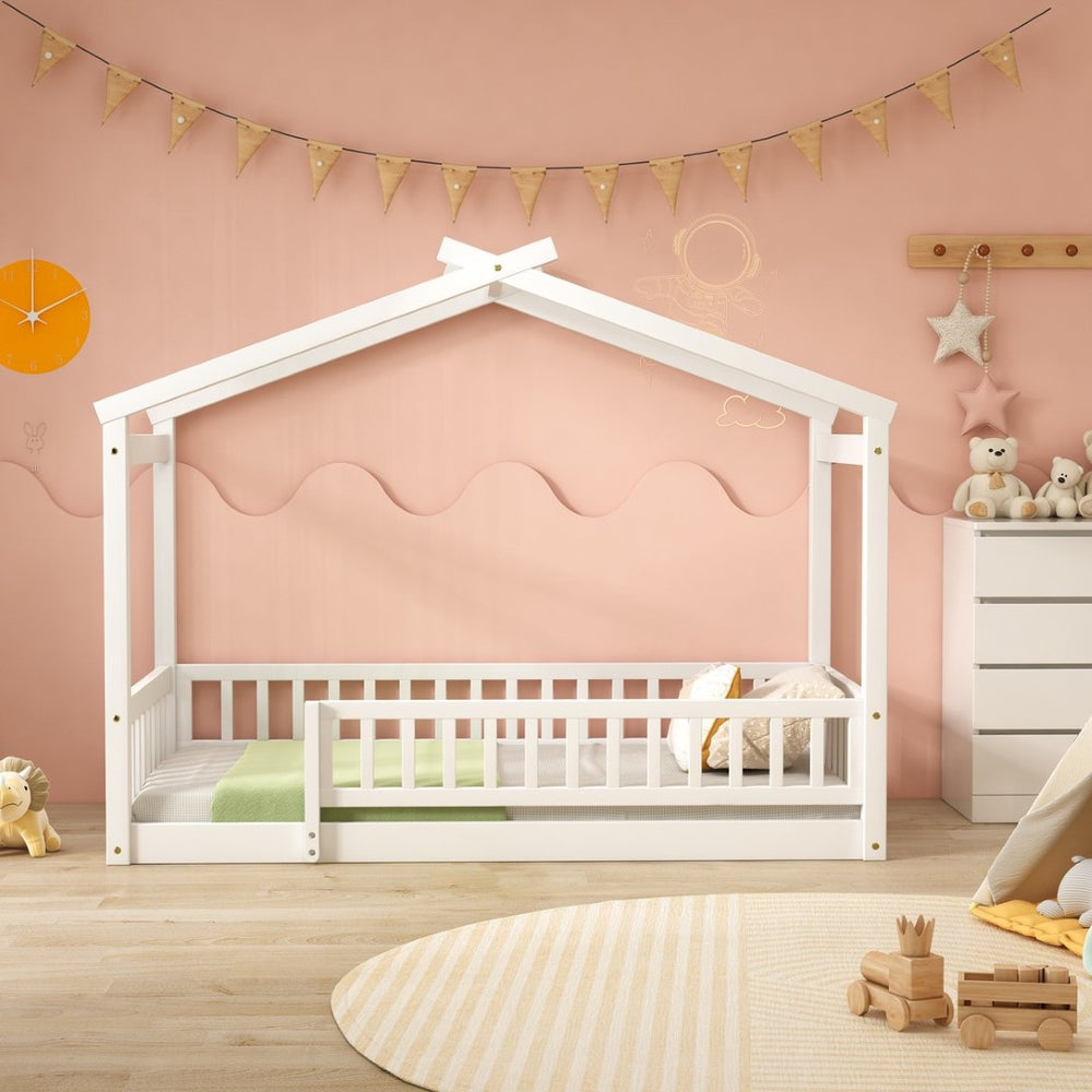 English Elm Twin Solid Pine House Bed Playhouse Frame with Fence Rail for Kids Rooms WF302176AAK