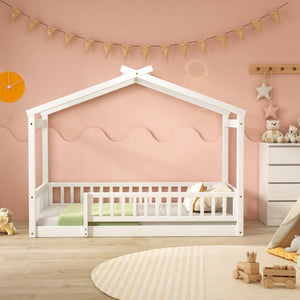 English Elm Twin Solid Pine House Bed Playhouse Frame with Fence Rail for Kids Rooms WF302176AAK
