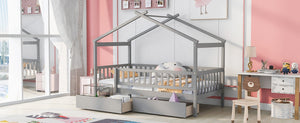 English Elm Twin House Bed Pine Wood Frame with Storage Drawers Kids Bedroom Playful Design Gray WF302181AAE