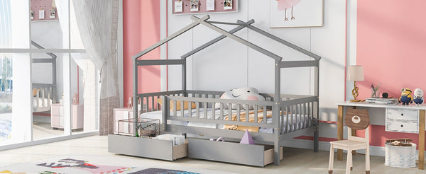 English Elm Twin House Bed Pine Wood Frame with Storage Drawers Kids Bedroom Playful Design Gray WF302181AAE