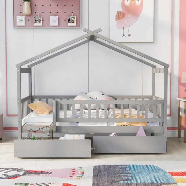 English Elm Twin House Bed Pine Wood Frame with Storage Drawers Kids Bedroom Playful Design Gray WF302181AAE