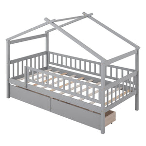 English Elm Twin House Bed Pine Wood Frame with Storage Drawers Kids Bedroom Playful Design Gray WF302181AAE