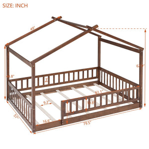 English Elm Full Size Pine Playhouse Bed with Roofline and Fence Rails for Kids Bedroom Walnut WF302177AAL