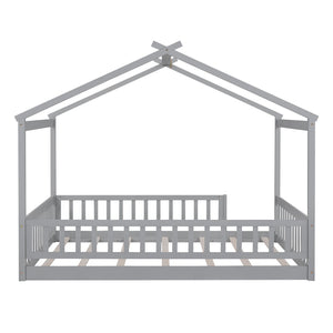 English Elm Full Size Pine Playhouse Bed with Roofline and Fence Rails for Kids Bedroom Gray WF302177AAE