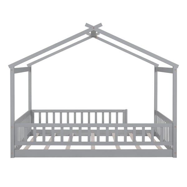 English Elm Full Size Pine Playhouse Bed with Roofline and Fence Rails for Kids Bedroom Gray WF302177AAE
