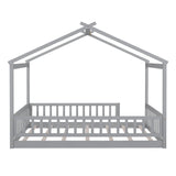 Hearth and Haven Full Size Wood Bed House Bed Frame with Fence, For Kids, Teens, Girls, Boys, Gray WF302177AAE