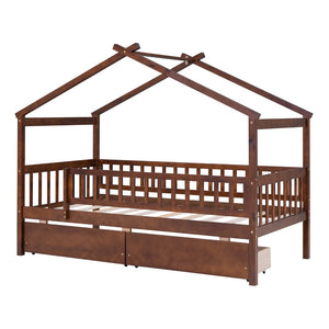 English Elm Twin House Bed Pine Wood Frame with Storage Drawers Kids Bedroom Playful Design Walnut WF302181AAL