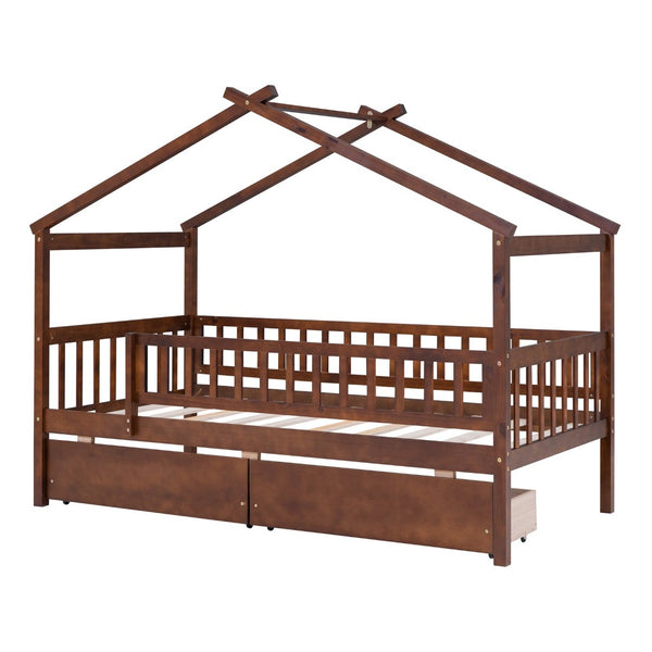 English Elm Twin House Bed Pine Wood Frame with Storage Drawers Kids Bedroom Playful Design Walnut WF302181AAL
