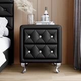 Elegant PU Nightstand with 2 Drawers, Crystal Handle, Fully Assembled, Storage Bedside Table - Black