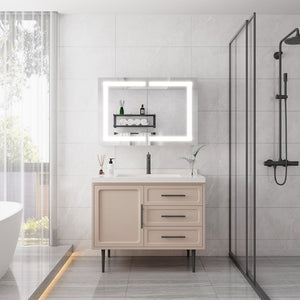 English Elm Bathroom Aluminum Led Mirror Cabinet with Defogger Dimmable Lighting and Glass Shelves W1738100829