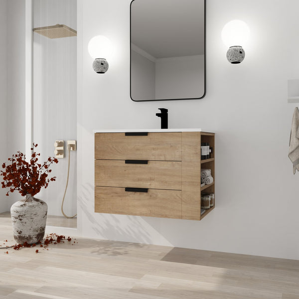 English Elm 30 Inch Wall-Mounted Bathroom Vanity With Resin Sink, Soft-Close Drawers, & Adjustable Shelf W999S00086