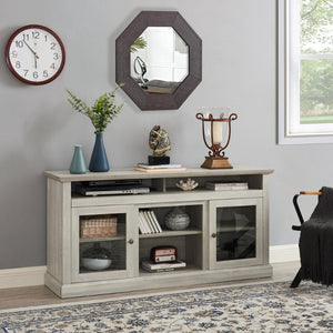 English Elm Contemporary Stone Gray Media Console with Glass Doors Open Shelving Fits 65 Inch Tvs W1758108529