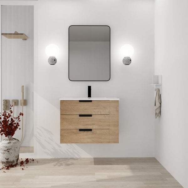 English Elm 30 Inch Wall-Mounted Bathroom Vanity With Resin Sink, Soft-Close Drawers, & Adjustable Shelf W999S00086