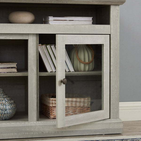 English Elm Contemporary Stone Gray Media Console with Glass Doors Open Shelving Fits 65 Inch Tvs W1758108529