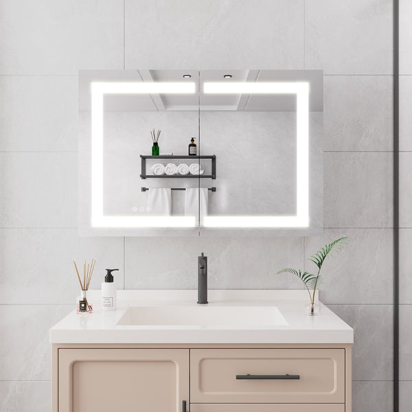 English Elm Bathroom Aluminum Led Mirror Cabinet with Defogger Dimmable Lighting and Glass Shelves W1738100829