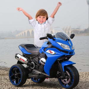 English Elm 12v Kids Ride on Motorcycle Three Wheel Electric Tricycle with Led Lights Bluetooth Blue W1760110301
