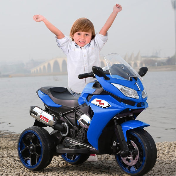 English Elm 12v Kids Ride on Motorcycle Three Wheel Electric Tricycle with Led Lights Bluetooth Blue W1760110301