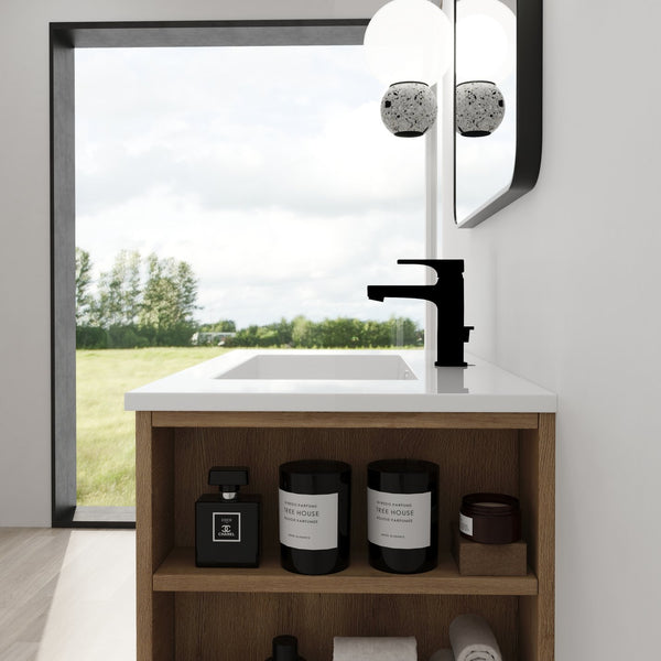 English Elm 30 Inch Wall-Mounted Bathroom Vanity With Resin Sink, Soft-Close Drawers, & Adjustable Shelf W999S00086