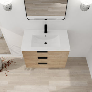 English Elm 30 Inch Wall-Mounted Bathroom Vanity With Resin Sink, Soft-Close Drawers, & Adjustable Shelf W999S00086
