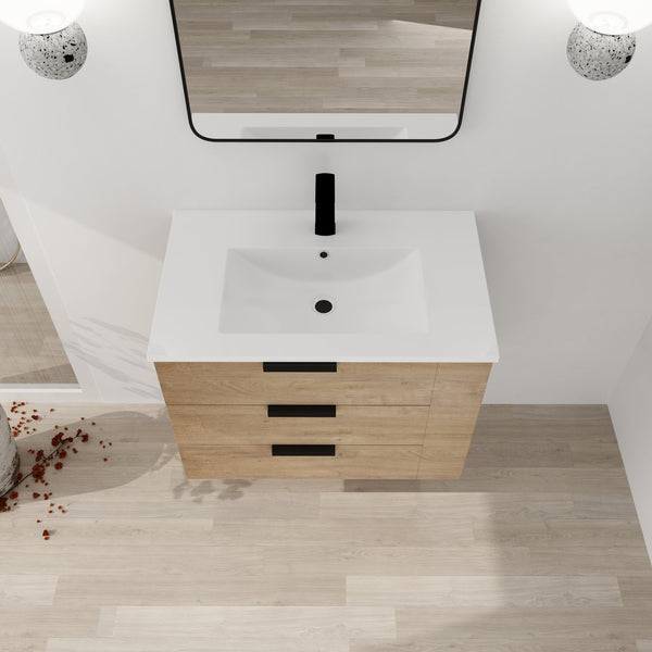 English Elm 30 Inch Wall-Mounted Bathroom Vanity With Resin Sink, Soft-Close Drawers, & Adjustable Shelf W999S00086
