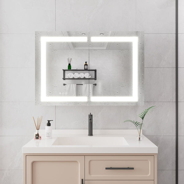 English Elm Bathroom Aluminum Led Mirror Cabinet with Defogger Dimmable Lighting and Glass Shelves W1738100829