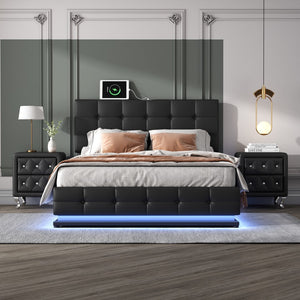 English Elm 3-Pieces Bedroom Sets,Queen Size Upholstered Bed With Led Lights,Hydraulic Storage System and Usb Charging Station, Two Nightstands With Crystal Decoration,Black