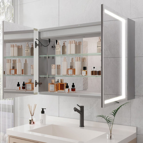 English Elm Bathroom Aluminum Led Mirror Cabinet with Defogger Dimmable Lighting and Glass Shelves W1738100829