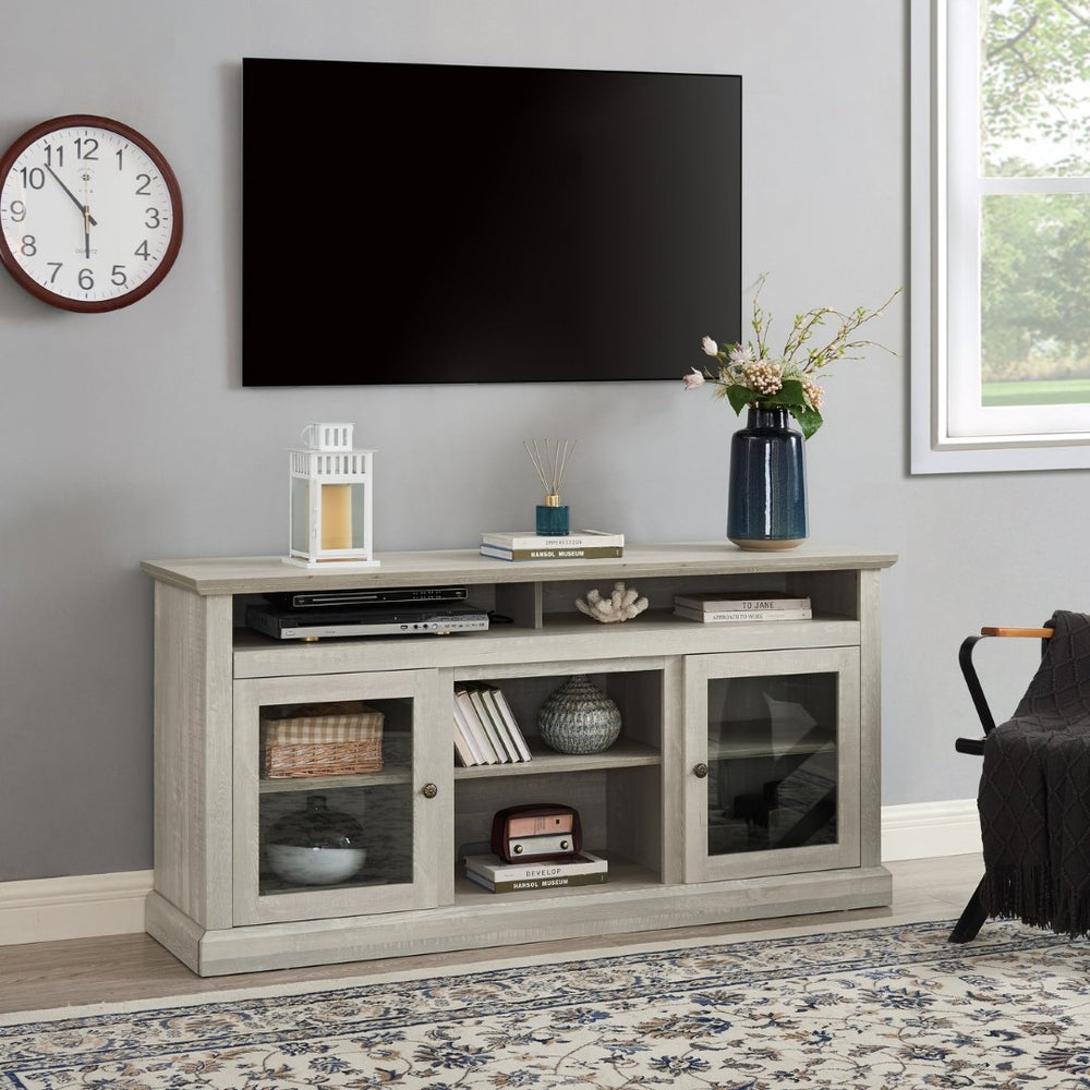 English Elm Contemporary Stone Gray Media Console with Glass Doors Open Shelving Fits 65 Inch Tvs W1758108529