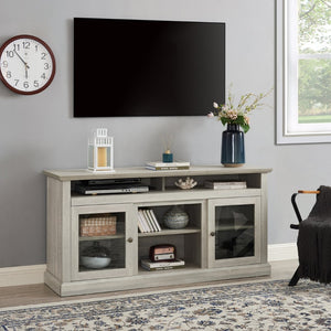 English Elm Contemporary Stone Gray Media Console with Glass Doors Open Shelving Fits 65 Inch Tvs W1758108529