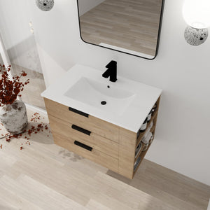 English Elm 30 Inch Wall-Mounted Bathroom Vanity With Resin Sink, Soft-Close Drawers, & Adjustable Shelf W999S00086