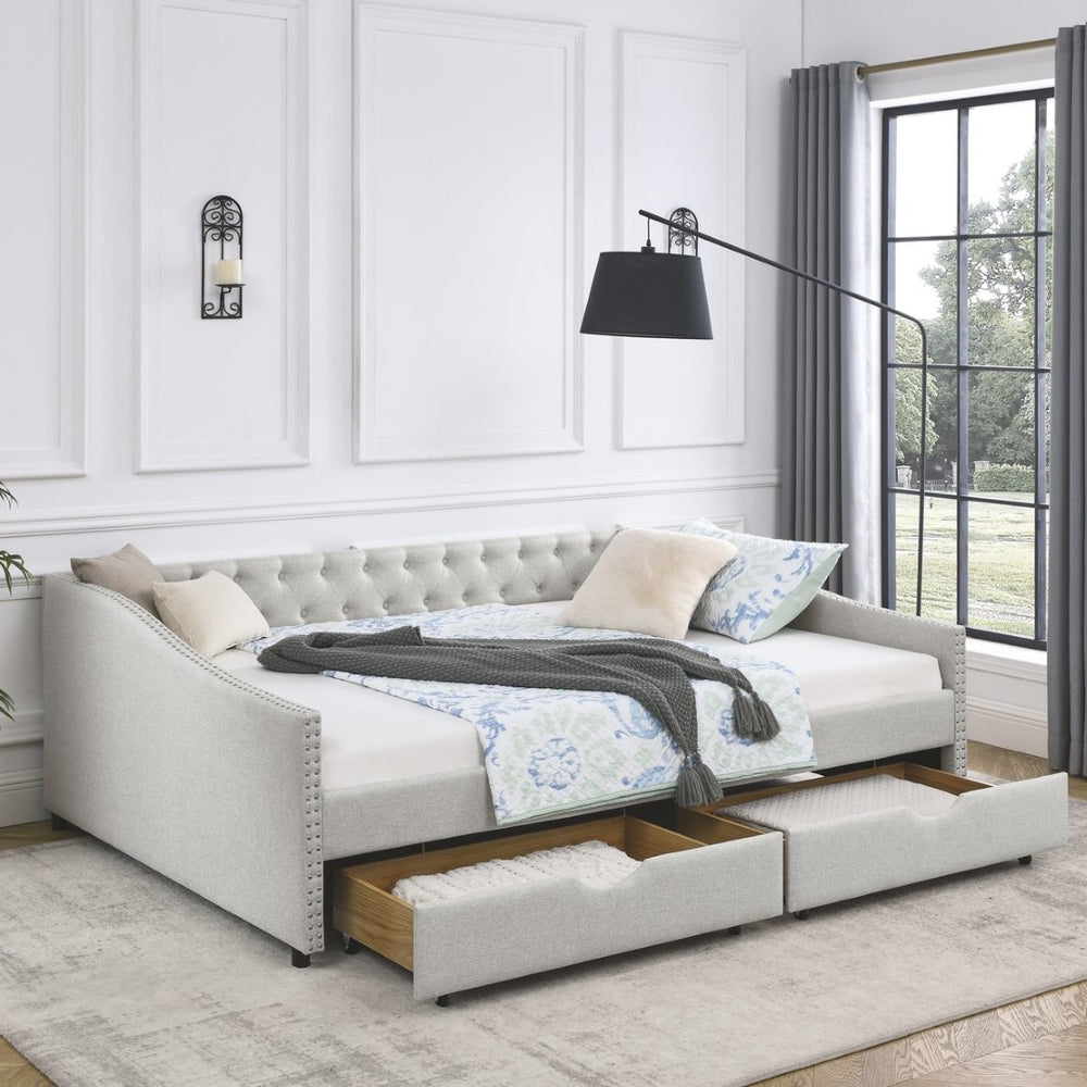 English Elm Queen Upholstered Tufted Daybed Sofa with Storage Drawers and Nailhead Arm Detail Beige W1413S00193