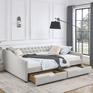English Elm Queen Upholstered Tufted Daybed Sofa with Storage Drawers and Nailhead Arm Detail Beige W1413S00193