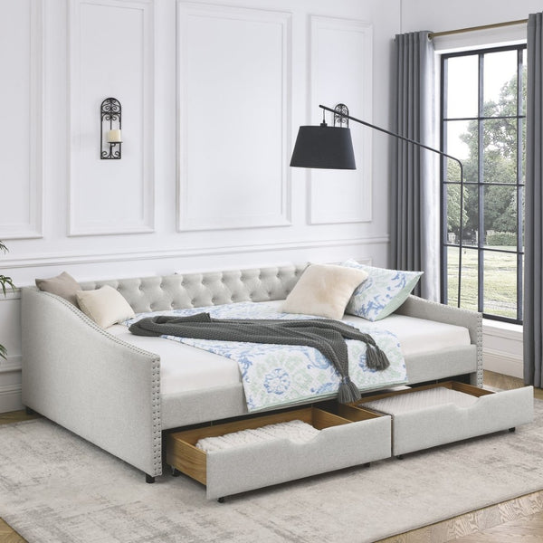 English Elm Queen Upholstered Tufted Daybed Sofa with Storage Drawers and Nailhead Arm Detail Beige W1413S00193