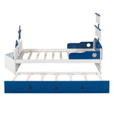 English Elm Twin Size Boat-Shaped Platform Bed With Twin Size Trundle,Twin Bed With Storage For Bedroom,Blue