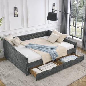 English Elm Queen Upholstery Daybed with Storage Drawers, Tufted Back & Nailhead Arms, 80"x60" Sleeper, 500lb Capacity Grey W1413S00009