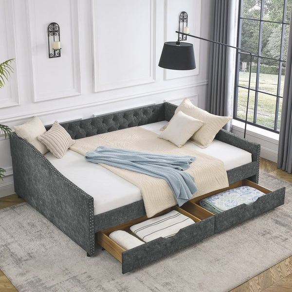 English Elm Queen Upholstery Daybed with Storage Drawers, Tufted Back & Nailhead Arms, 80"x60" Sleeper, 500lb Capacity Grey W1413S00009