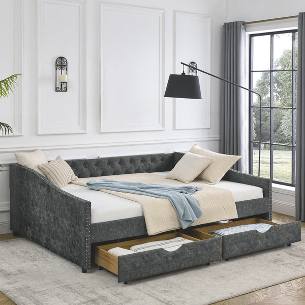 English Elm Queen Upholstery Daybed with Storage Drawers, Tufted Back & Nailhead Arms, 80"x60" Sleeper, 500lb Capacity Grey W1413S00009