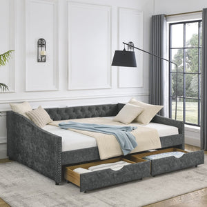 English Elm Queen Upholstered Tufted Daybed Sofa with Storage Drawers and Nailhead Arm Detail W1413S00192