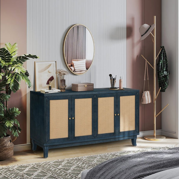 English Elm Handcrafted Rattan Door Sideboard with Adjustable Shelves for Bohemian Living Rooms W144583482