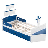 English Elm Twin Size Boat-Shaped Platform Bed With Twin Size Trundle,Twin Bed With Storage For Bedroom,Blue