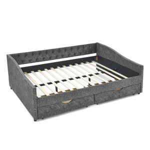 English Elm Queen Upholstered Tufted Daybed Sofa with Storage Drawers and Nailhead Arm Detail W1413S00192