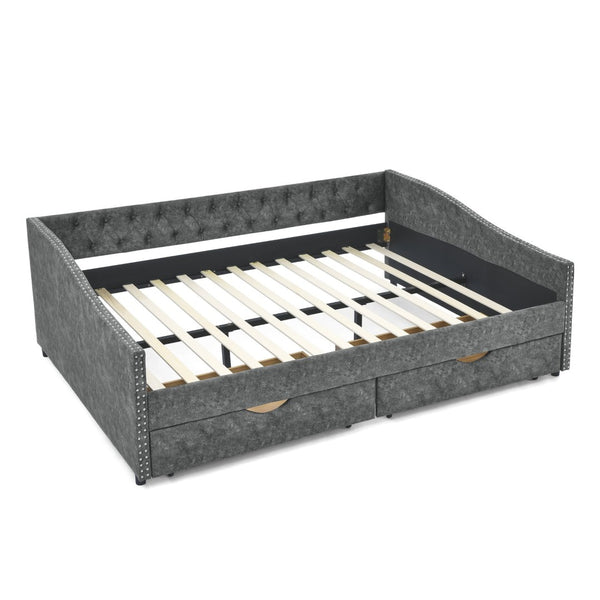 English Elm Queen Upholstered Tufted Daybed Sofa with Storage Drawers and Nailhead Arm Detail W1413S00192