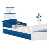 English Elm Twin Size Boat-Shaped Platform Bed With Twin Size Trundle,Twin Bed With Storage For Bedroom,Blue