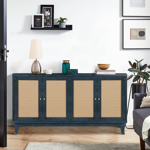 English Elm Handcrafted Rattan Door Sideboard with Adjustable Shelves for Bohemian Living Rooms W144583482