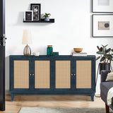 Hearth and Haven Handcrafted Premium Grain Panels, Rattan Sideboard Buffer Cabinet, Accent Storage Cabinet with 4 Rattan Doors, Modern Storage Cupboard Console Table with Adjustable Shelves For Living Room , Blue W144583482