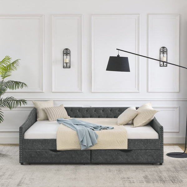 English Elm Queen Upholstered Tufted Daybed Sofa with Storage Drawers and Nailhead Arm Detail W1413S00192