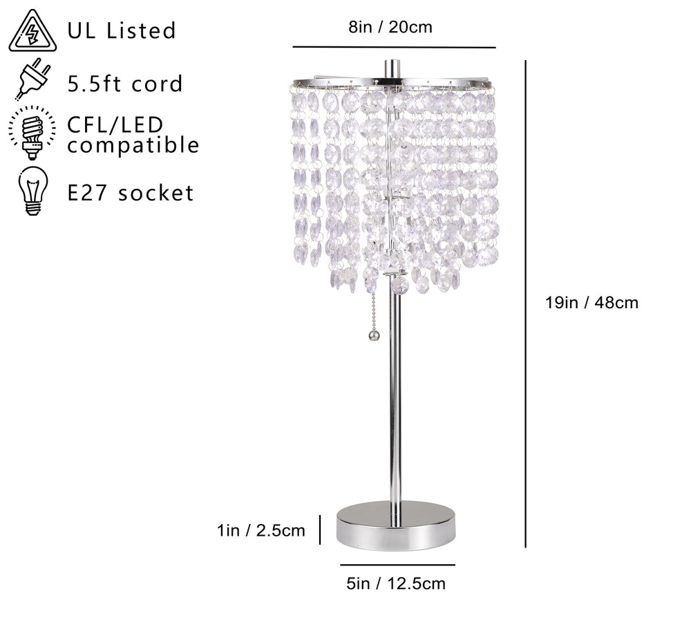 English Elm 19"H Chrome Crystal-Inspired Pull Table Lamp with Beaded Accents, 72" Cord, UL Listed, 40W Max B080107009